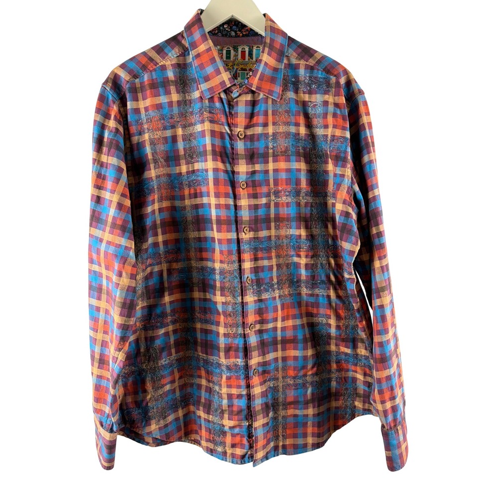 Robert Graham Mens Classic Fit Plaid Button Down Shirt Multi Color Skull Trim L